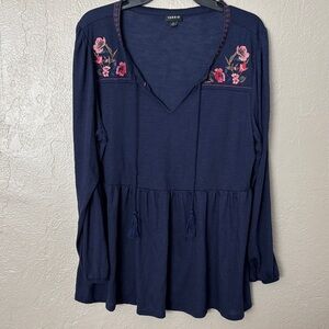 Torrid Babydoll Knit Notch Neck Embroidered Long Sleeve Top Navy Blue 2X